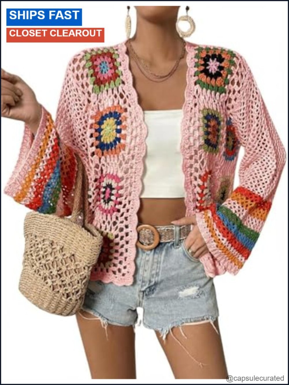 Crochet Floral Cardigan Sweater Open Front Lightweight Summer Beach Coverup